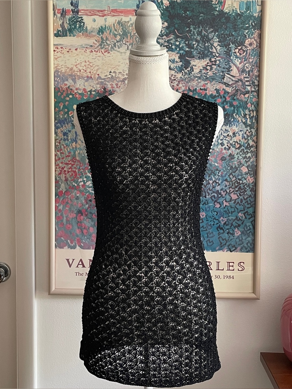Valenti Crochet Tunic Top XL Black Beaded Knit Mini Dress Boho Whimsigoth 90s
